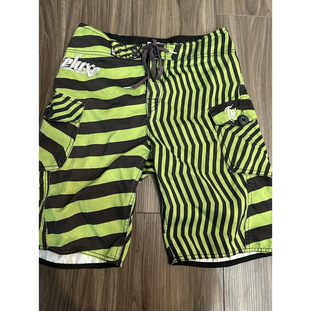 Fox Racing Deluxe Boardshorts Mens 28 Green Black Striped Y2K Skater Surf Trunks